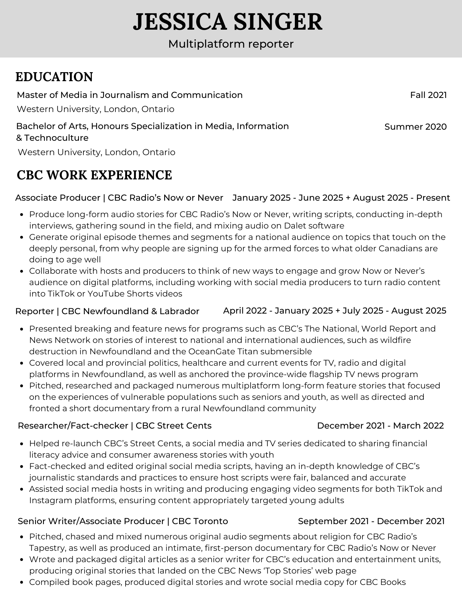 Page 1 of Jessica Singer's resume